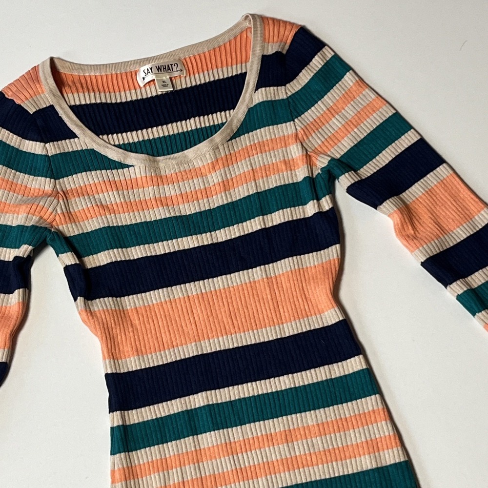 Say What?‎ Women XL Striped Ribbed Knit Long Sleeve Scoop Neck Mini Dress Multi
